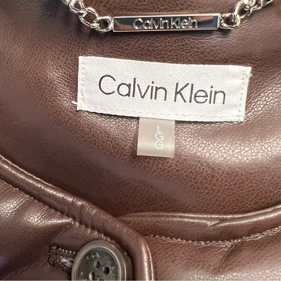 Calvin Klein Longline Faux Leather Brown Puffer Jacket Size L - Picture 7 of 12